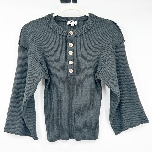 Oat Womens Fall Drop Shoulder Wide Sleeve Ribbed Knit Henley Sweater Size S Gray - Picture 1 of 6